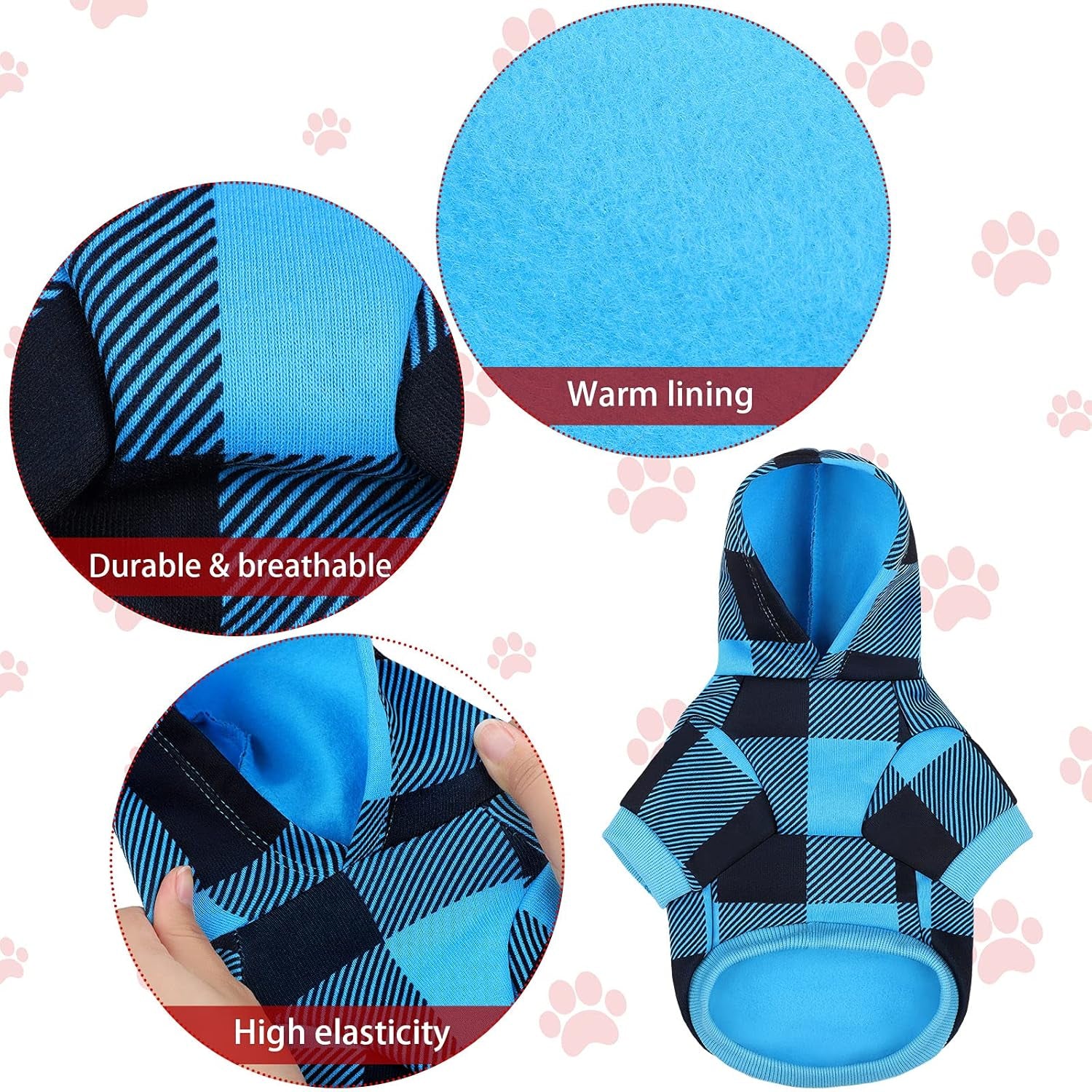 Blue and Black Plaid Dog Hoodie Pet Clothes with Hat Pet Sweaters for Dogs Puppies Cats Clothes with Dog Footprints Patterns Pocket, Warm, Soft and Breathable, Small
