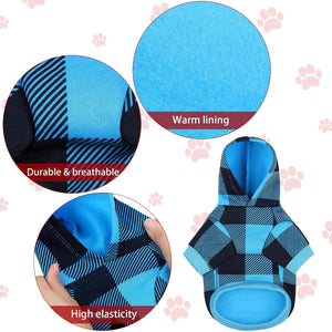 Blue and Black Plaid Dog Hoodie Pet Clothes with Hat Pet Sweaters for Dogs Puppies Cats Clothes with Dog Footprints Patterns Pocket, Warm, Soft and Breathable, Small
