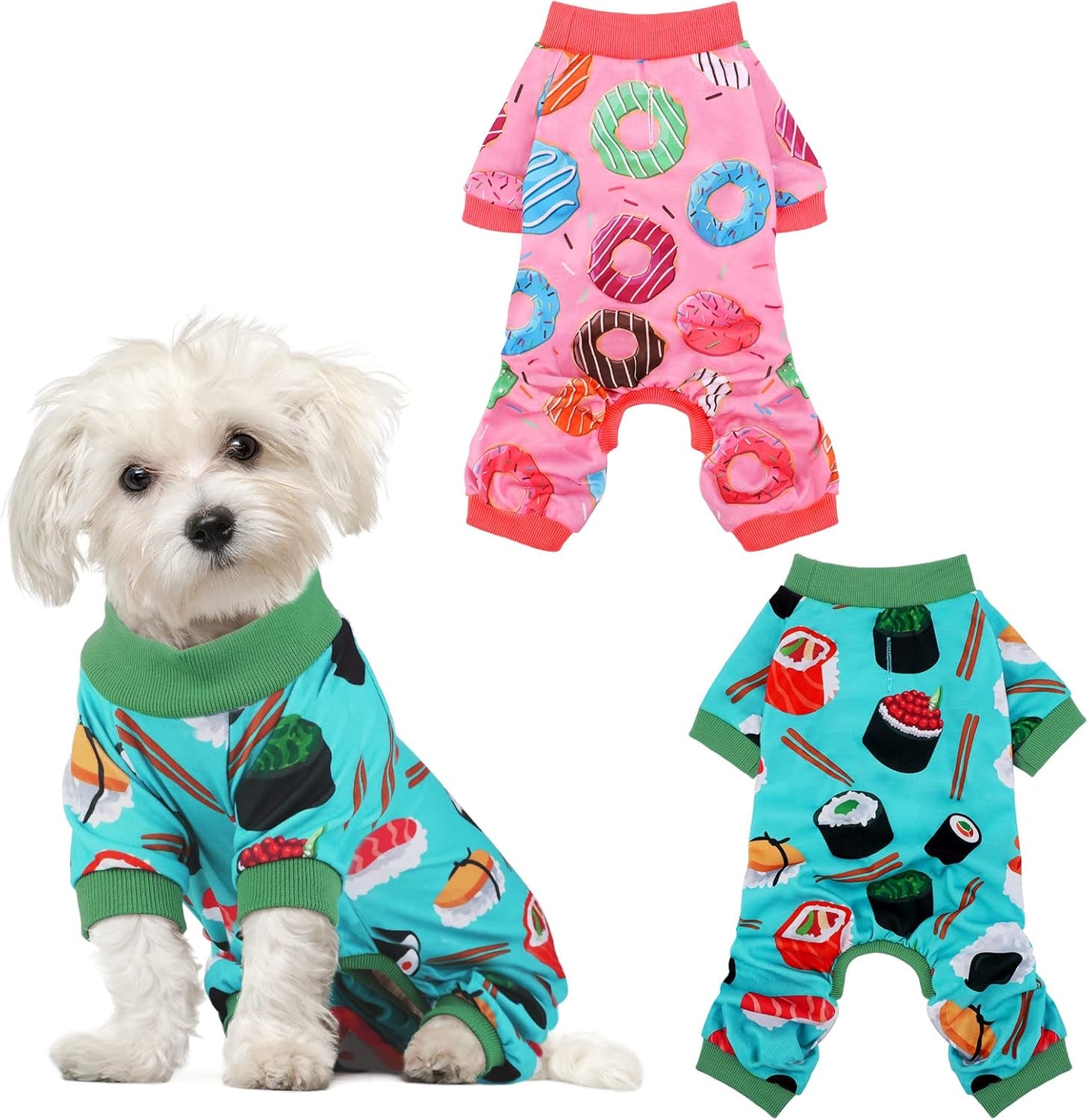 2 Pack Adorable Dog Pajamas Breathable Puppy Jumpsuit Soft Dog Clothes Fashionable Donut Sushi Pattern Dog Apparel Dog Pjs, Small