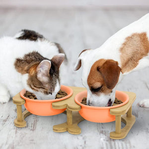 Dog Bowl Ceramic Cat Food Bowl with Wood Stand Elevated Cat Bowl Dog Food Bowl and Water Bowl Set for Small/Medium Pets (Pink)