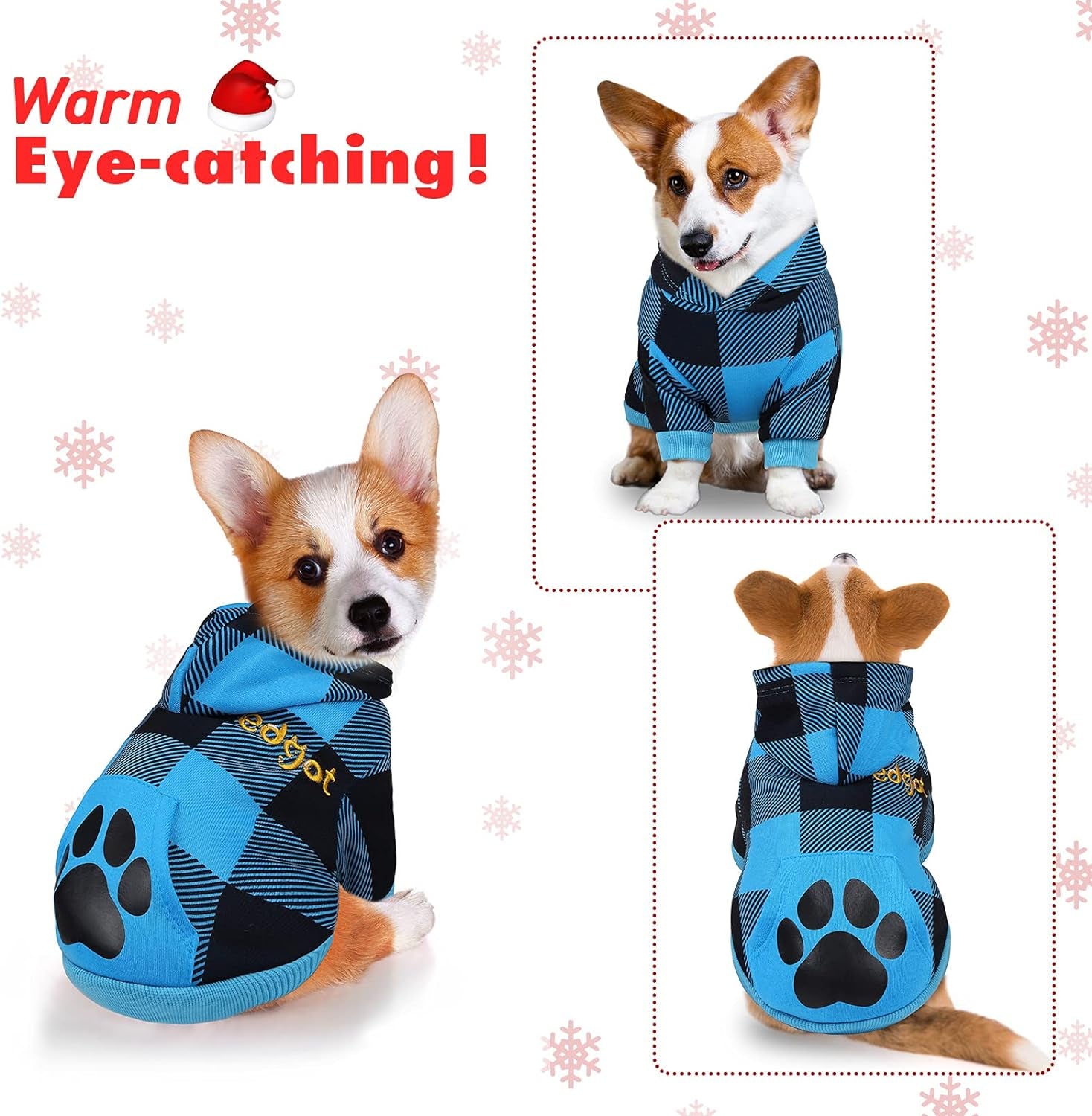 Blue and Black Plaid Dog Hoodie Pet Clothes with Hat Pet Sweaters for Dogs Puppies Cats Clothes with Dog Footprints Patterns Pocket, Warm, Soft and Breathable, Small