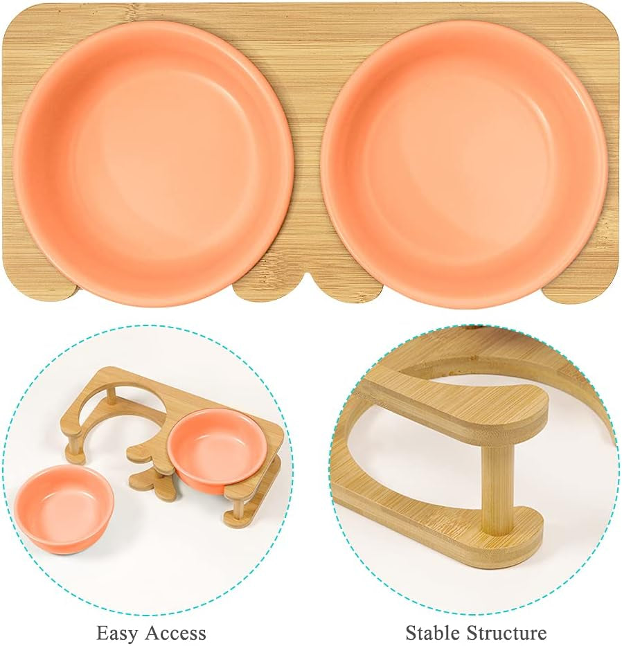 Dog Bowl Ceramic Cat Food Bowl with Wood Stand Elevated Cat Bowl Dog Food Bowl and Water Bowl Set for Small/Medium Pets (Pink)