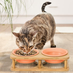Dog Bowl Ceramic Cat Food Bowl with Wood Stand Elevated Cat Bowl Dog Food Bowl and Water Bowl Set for Small/Medium Pets (Pink)