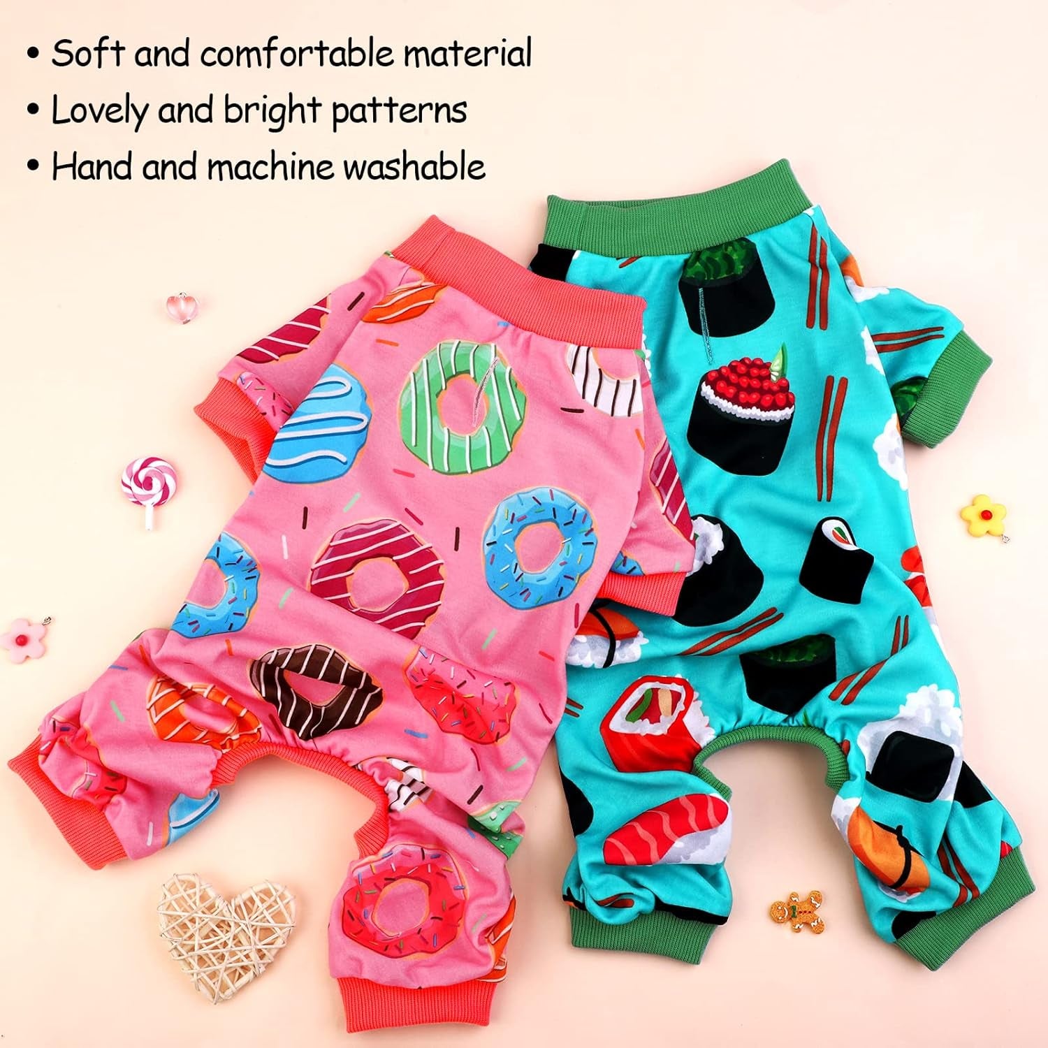 2 Pack Adorable Dog Pajamas Breathable Puppy Jumpsuit Soft Dog Clothes Fashionable Donut Sushi Pattern Dog Apparel Dog Pjs, Small