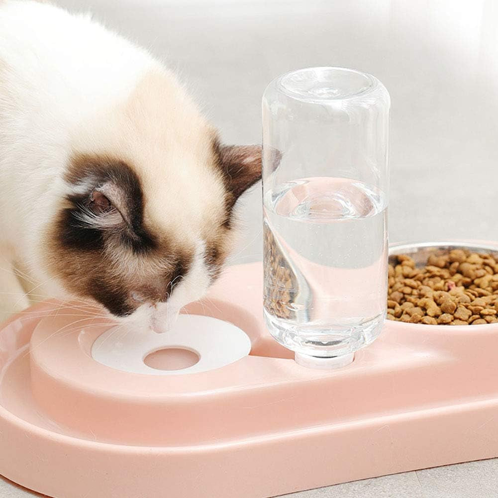 Double Dog Cat Bowls Water and Food Bowl Set，Detachable Stainless Steel Bowl Automatic Water Dispenser Bottle Pet Feeder for Small or Medium Size Dogs Cats Puppy Kitten Rabbit