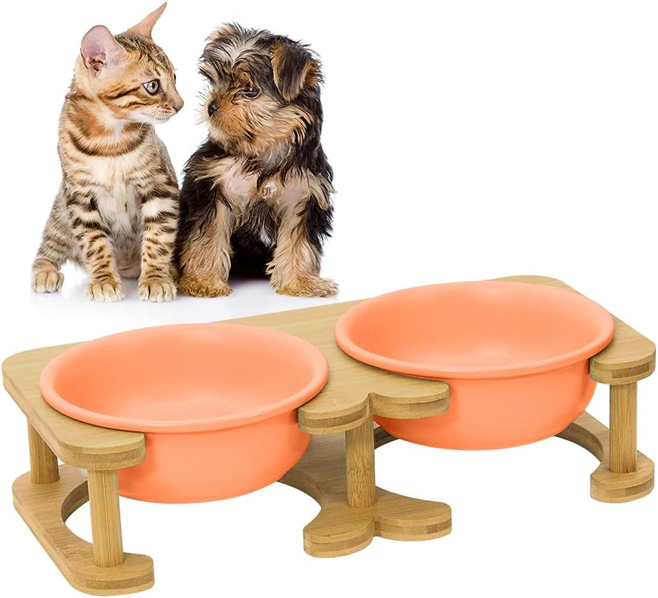 Dog Bowl Ceramic Cat Food Bowl with Wood Stand Elevated Cat Bowl Dog Food Bowl and Water Bowl Set for Small/Medium Pets (Pink)