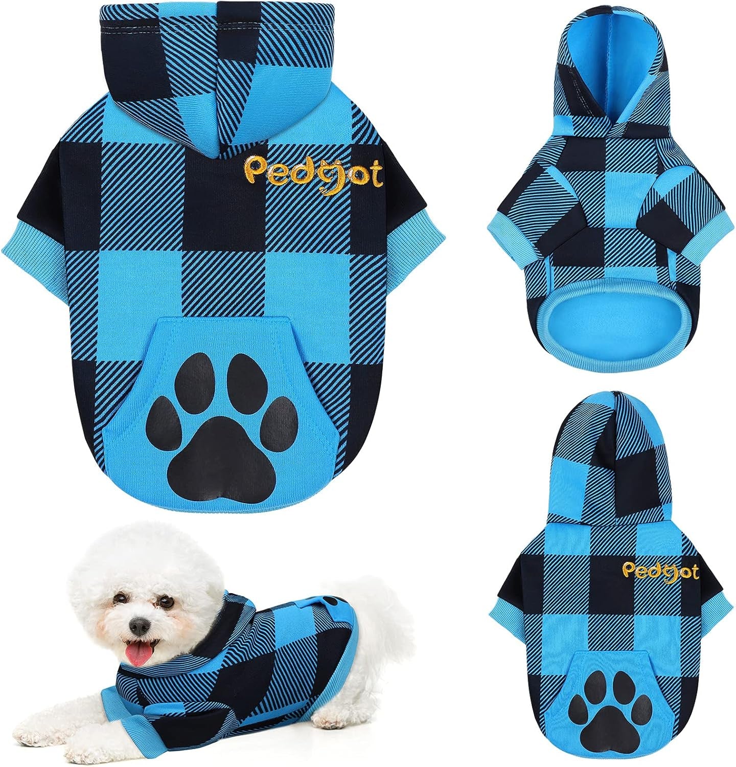 Blue and Black Plaid Dog Hoodie Pet Clothes with Hat Pet Sweaters for Dogs Puppies Cats Clothes with Dog Footprints Patterns Pocket, Warm, Soft and Breathable, Small