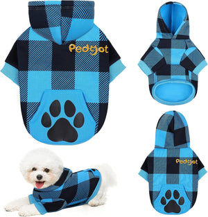 Blue and Black Plaid Dog Hoodie Pet Clothes with Hat Pet Sweaters for Dogs Puppies Cats Clothes with Dog Footprints Patterns Pocket, Warm, Soft and Breathable, Small