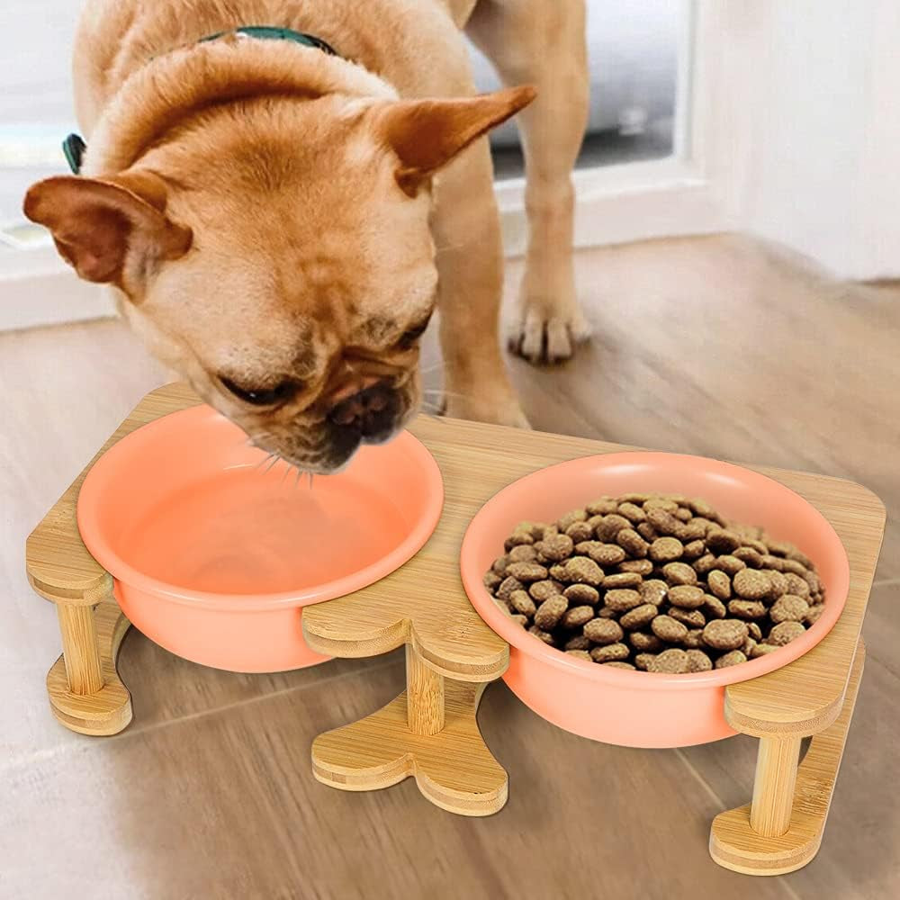 Dog Bowl Ceramic Cat Food Bowl with Wood Stand Elevated Cat Bowl Dog Food Bowl and Water Bowl Set for Small/Medium Pets (Pink)