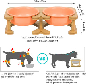 Dog Bowl Ceramic Cat Food Bowl with Wood Stand Elevated Cat Bowl Dog Food Bowl and Water Bowl Set for Small/Medium Pets (Pink)