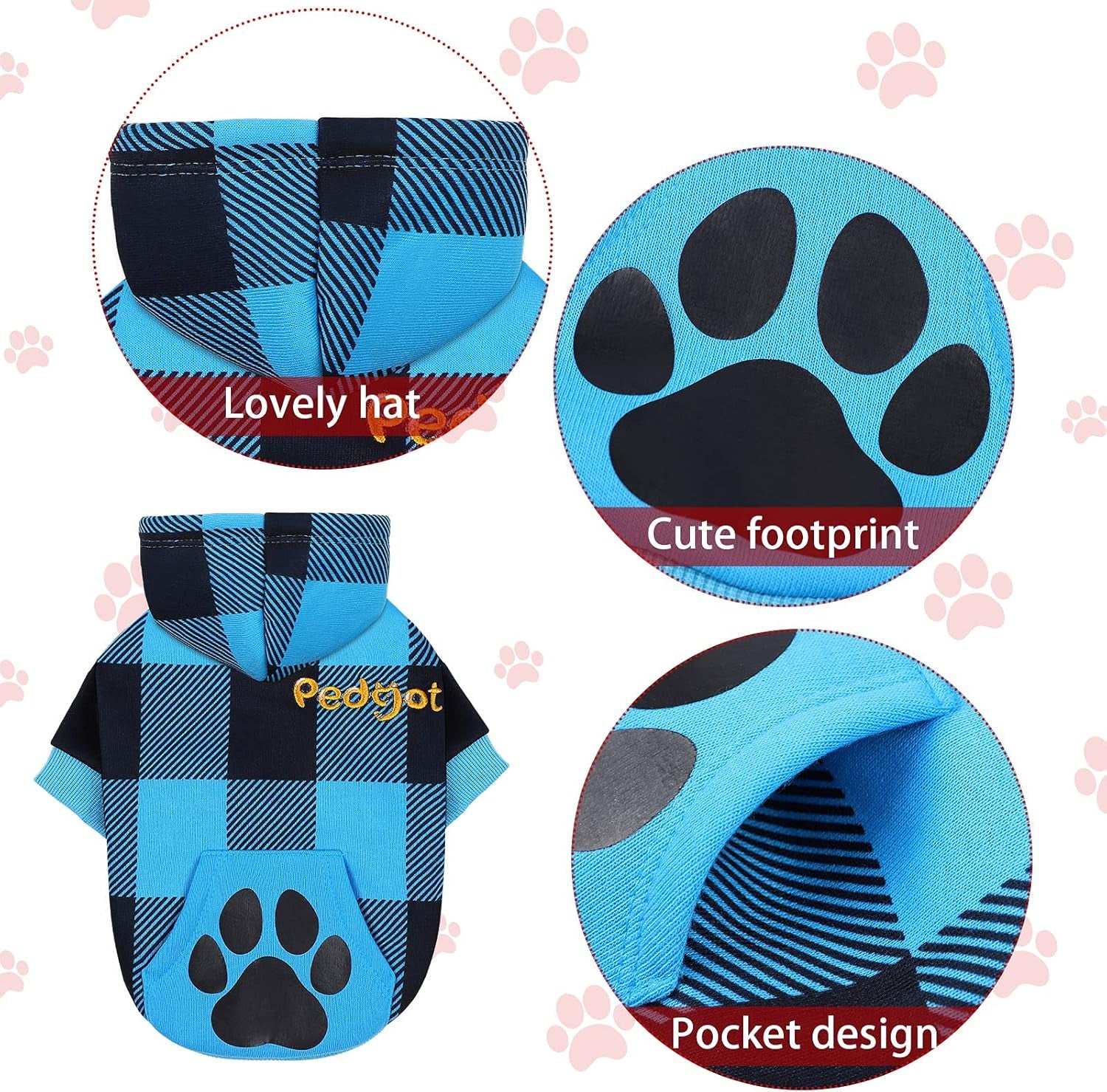 Blue and Black Plaid Dog Hoodie Pet Clothes with Hat Pet Sweaters for Dogs Puppies Cats Clothes with Dog Footprints Patterns Pocket, Warm, Soft and Breathable, Small