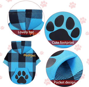 Blue and Black Plaid Dog Hoodie Pet Clothes with Hat Pet Sweaters for Dogs Puppies Cats Clothes with Dog Footprints Patterns Pocket, Warm, Soft and Breathable, Small
