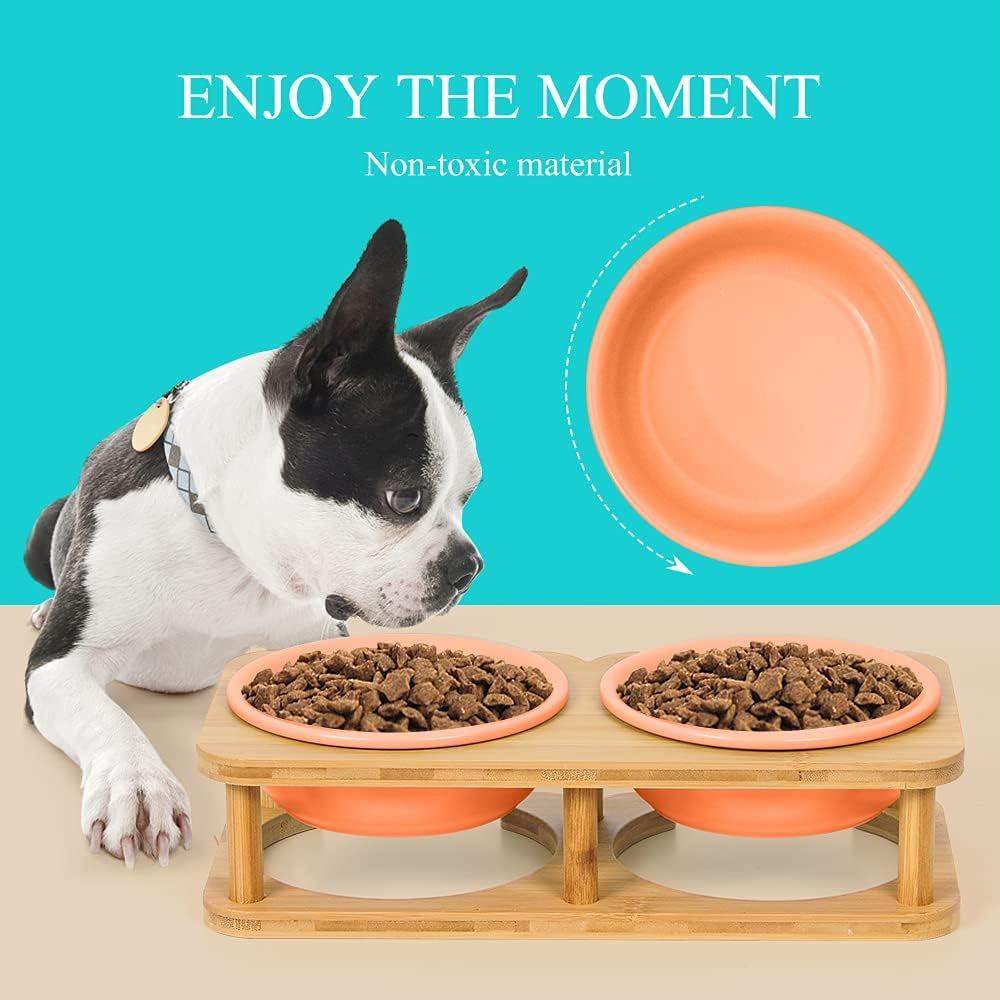 Dog Bowl Ceramic Cat Food Bowl with Wood Stand Elevated Cat Bowl Dog Food Bowl and Water Bowl Set for Small/Medium Pets (Pink)